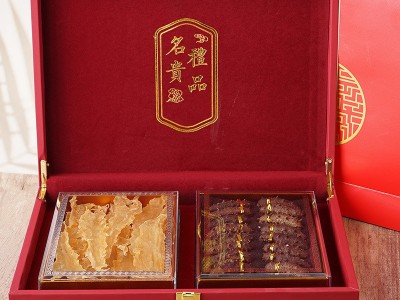 新瑞海参厂家现货批发海鲜干货海参鱼胶双拼礼盒装淡干海参礼盒图2