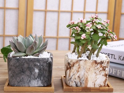 仿真石头纹四方带竹托盘多肉花盆 欧式桌面摆件图2